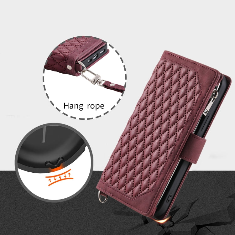 For Google Pixel 9 / 9 Pro Grid Texture Zipper Leather Phone Case with Lanyard(Wine Red) - Google Cases by buy2fix | Online Shopping UK | buy2fix