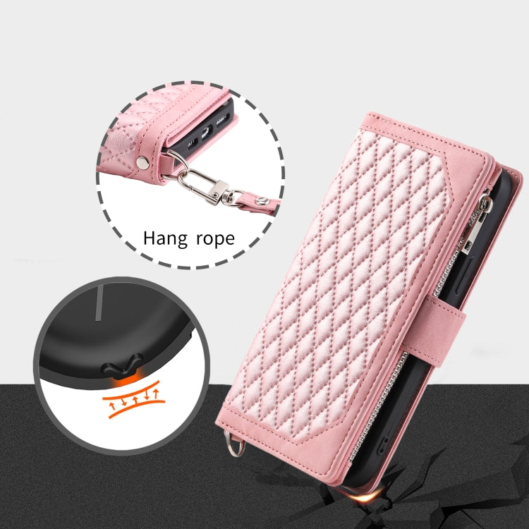 For Google Pixel 9 / 9 Pro Grid Texture Zipper Leather Phone Case with Lanyard(Rose Gold) - Google Cases by buy2fix | Online Shopping UK | buy2fix