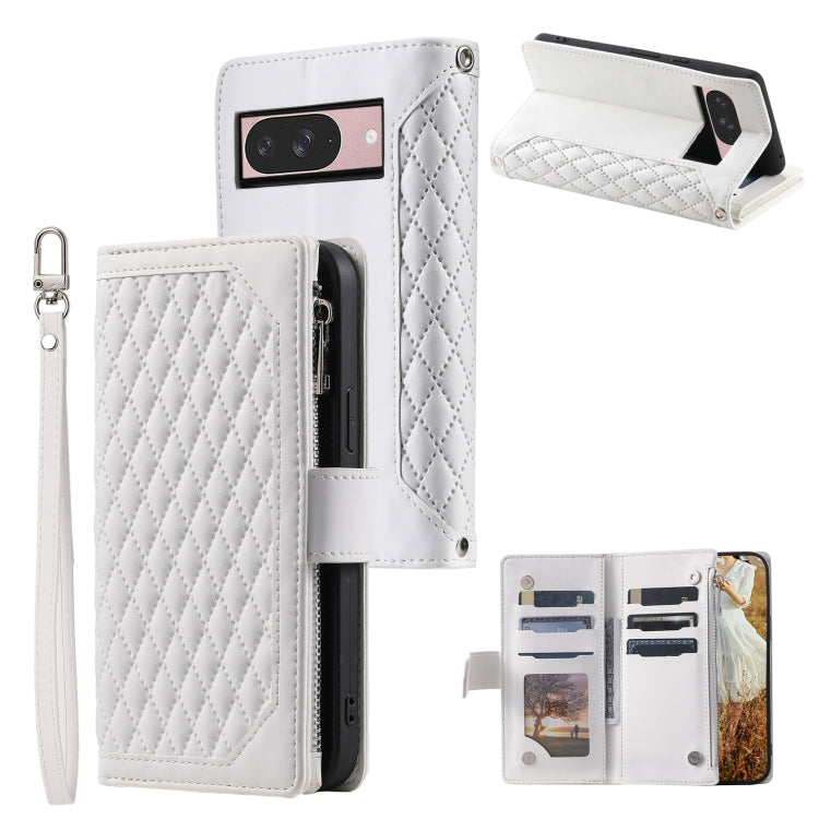 For Google Pixel 9 / 9 Pro Grid Texture Zipper Leather Phone Case with Lanyard(White) - Google Cases by buy2fix | Online Shopping UK | buy2fix