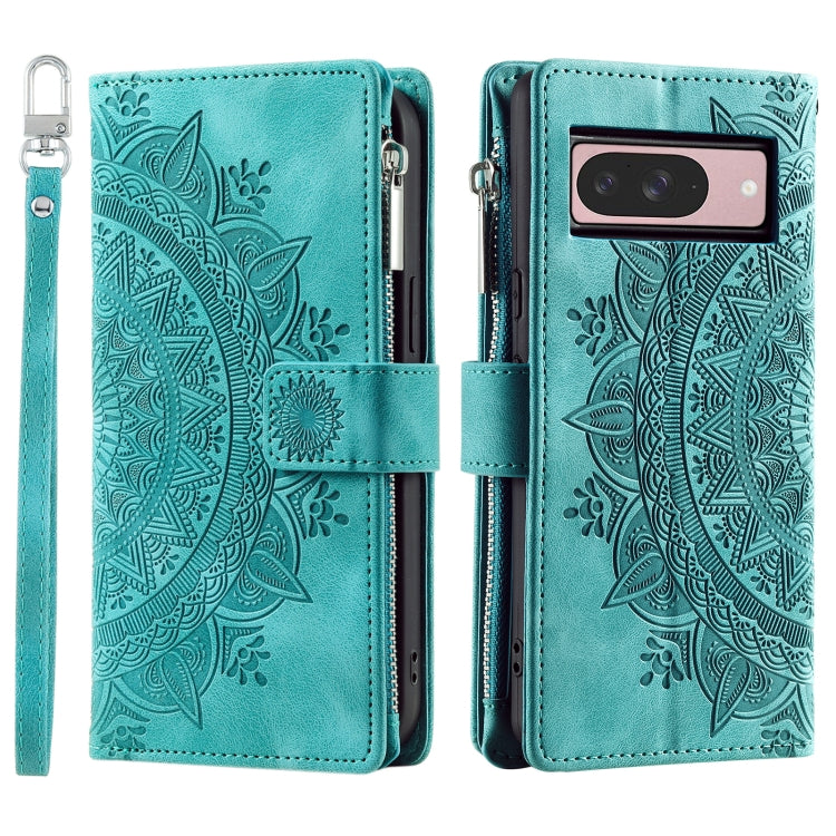 For Google Pixel 9 / 9 Pro Multi-Card Totem Zipper Leather Phone Case(Green) - Google Cases by buy2fix | Online Shopping UK | buy2fix