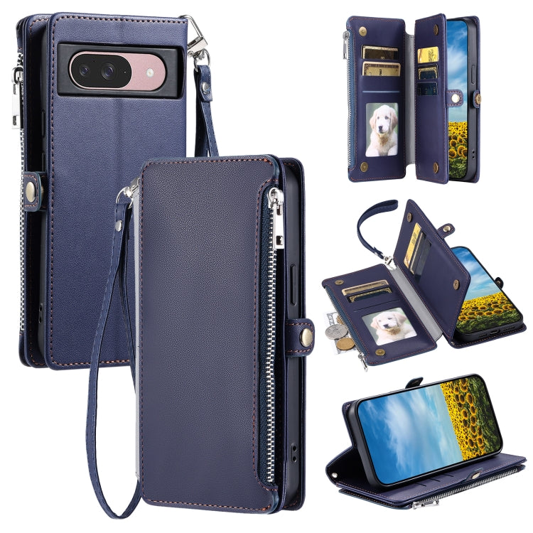 For Google Pixel 9 / 9 Pro Leather Stitching Multi-card Slot Zipper Phone Case(Blue) - Google Cases by buy2fix | Online Shopping UK | buy2fix