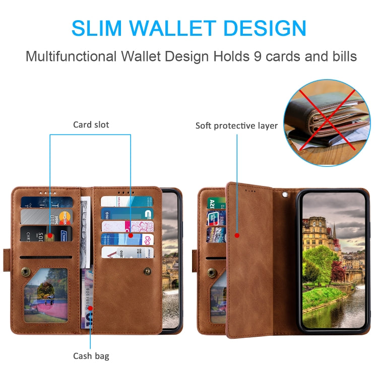 For Google Pixel 9 / 9 Pro Zipper Wallet Bag Horizontal Flip PU Phone Case with 9 Card Slots(Brown) - Google Cases by buy2fix | Online Shopping UK | buy2fix