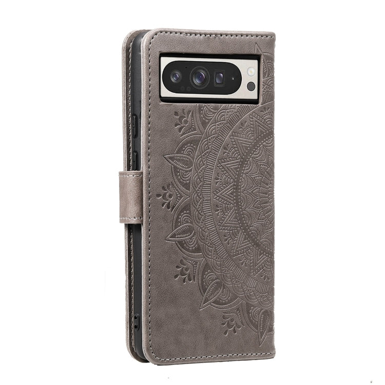 For Google Pixel 9 Pro XL Totem Flower Embossed Leather Phone Case with Lanyard(Grey) - Google Cases by buy2fix | Online Shopping UK | buy2fix