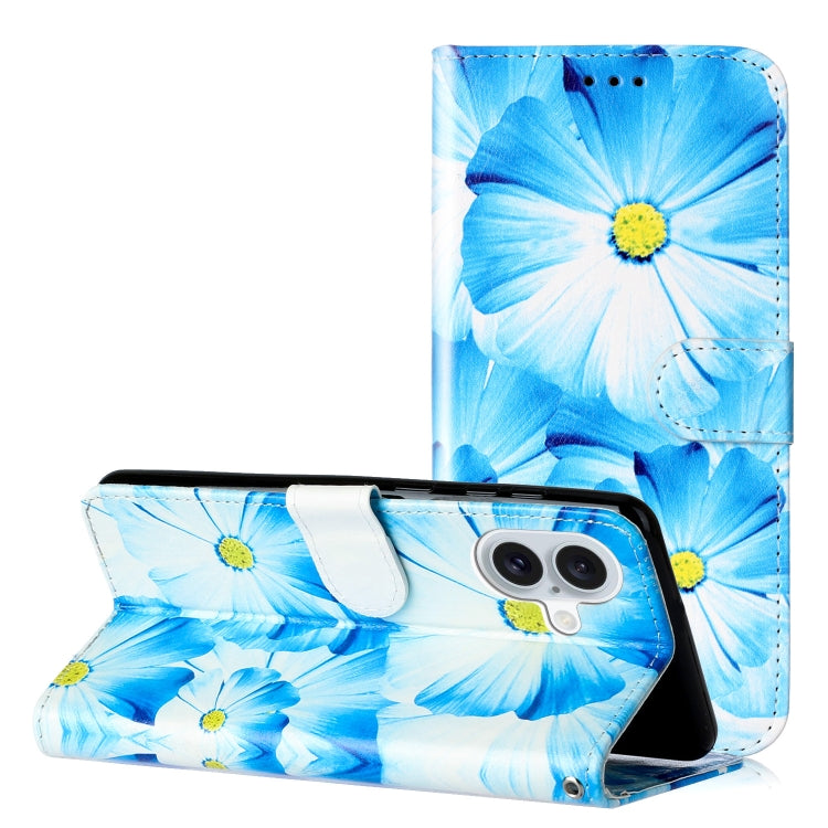 For iPhone 16 Plus Colored Drawing Marble Pattern Leather Phone Case(Blue Flower) - iPhone 16 Plus Cases by buy2fix | Online Shopping UK | buy2fix