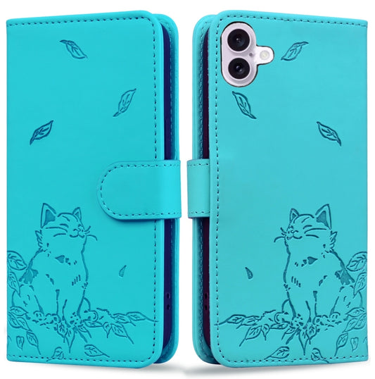 For iPhone 16 Plus Cute Cat Embossed Leather Phone Case(Lake Blue) - iPhone 16 Plus Cases by buy2fix | Online Shopping UK | buy2fix