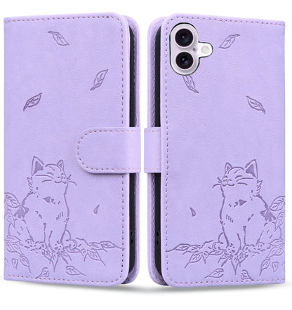 For iPhone 16 Cute Cat Embossed Leather Phone Case(Purple) - iPhone 16 Cases by buy2fix | Online Shopping UK | buy2fix