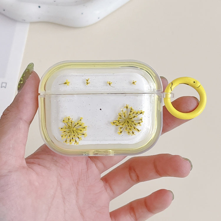 For AirPods Pro Glitter Snowflake Epoxy Dried Flowers Earbuds Box TPU Case(Yellow) - For AirPods Pro by buy2fix | Online Shopping UK | buy2fix