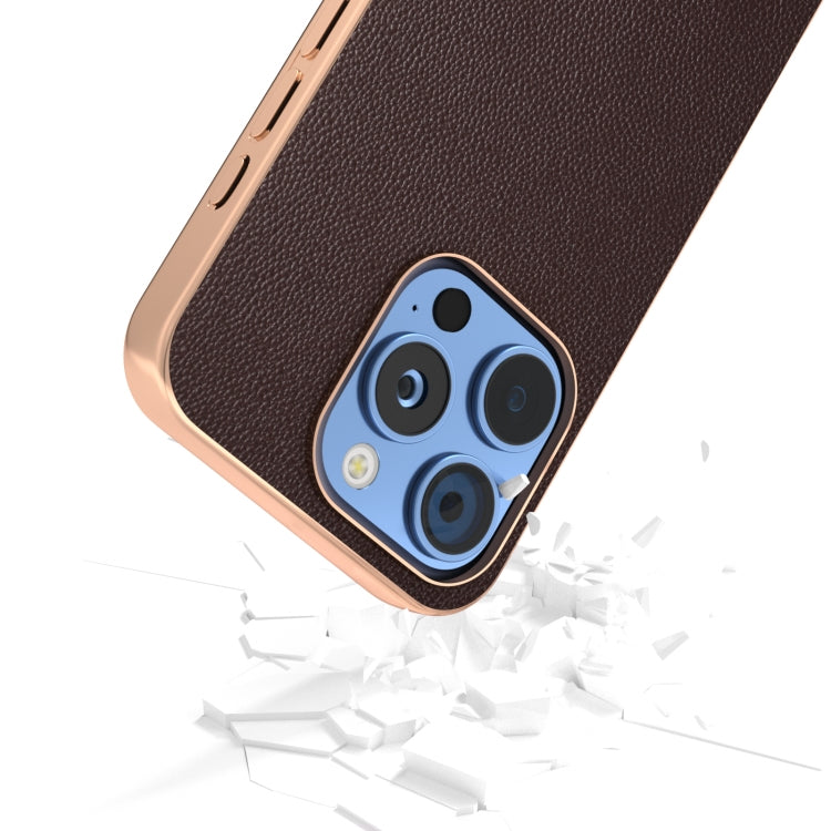 For iPhone 16 Pro ABEEL Electroplated Frame Genuine Leather Elegant Phone Case(Coffee) - iPhone 16 Pro Cases by buy2fix | Online Shopping UK | buy2fix