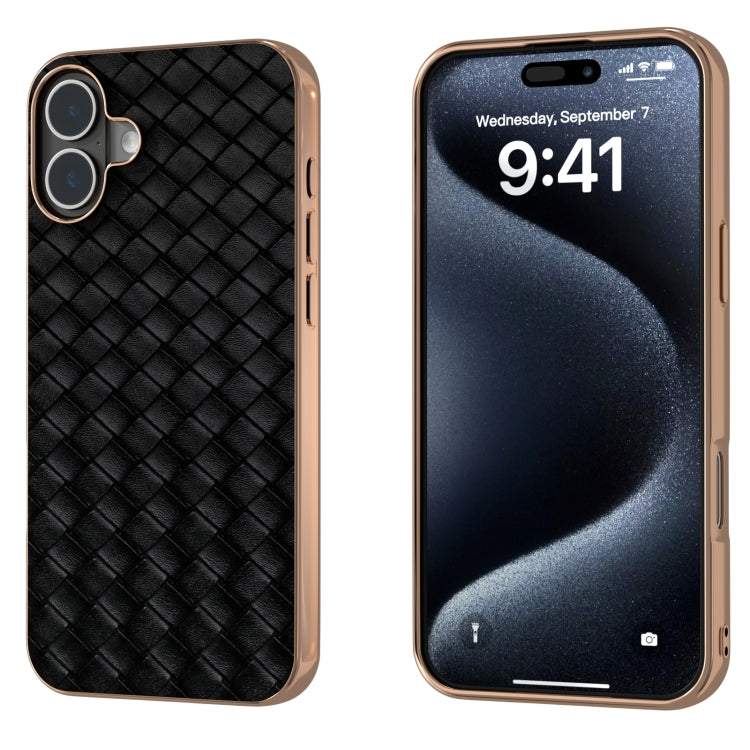 For iPhone 16 Electroplated Frame Woven Texture PU Phone Case(Black) - iPhone 16 Cases by buy2fix | Online Shopping UK | buy2fix