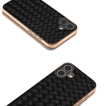 For iPhone 16 Electroplated Frame Woven Texture PU Phone Case(Black) - iPhone 16 Cases by buy2fix | Online Shopping UK | buy2fix