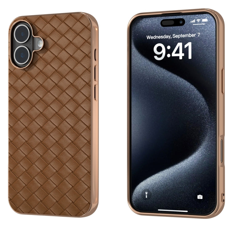 For iPhone 16 Electroplated Frame Woven Texture PU Phone Case(Brown) - iPhone 16 Cases by buy2fix | Online Shopping UK | buy2fix