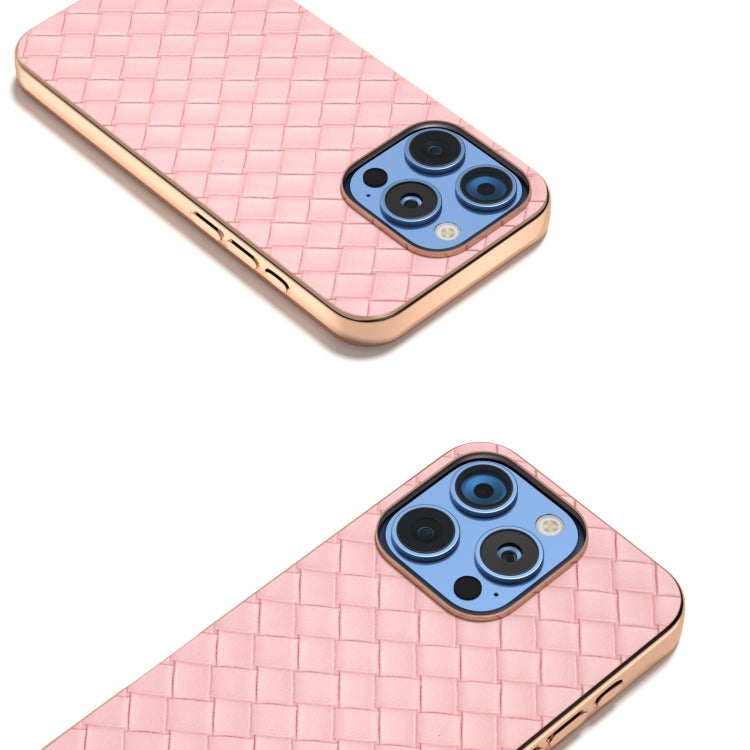 For iPhone 16 Pro Electroplated Frame Woven Texture PU Phone Case(Pink) - iPhone 16 Pro Cases by buy2fix | Online Shopping UK | buy2fix