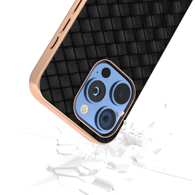 For iPhone 16 Pro Electroplated Frame Woven Texture PU Phone Case(Black) - iPhone 16 Pro Cases by buy2fix | Online Shopping UK | buy2fix