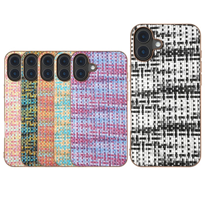 For iPhone 16 Electroplated Frame Color Lattice Texture PU Phone Case(Black) - iPhone 16 Cases by buy2fix | Online Shopping UK | buy2fix