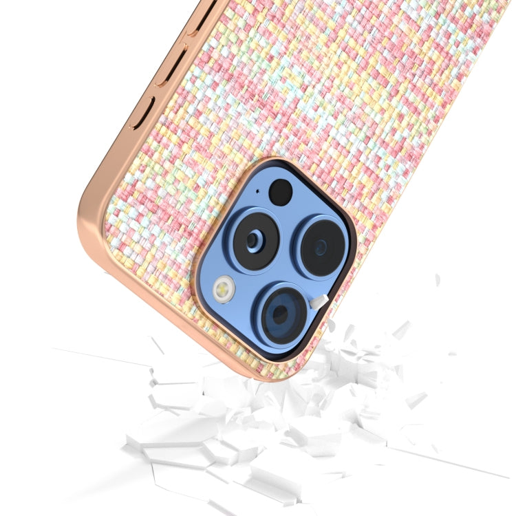 For iPhone 16 Pro Electroplated Frame Color Lattice Texture PU Phone Case(Pink) - iPhone 16 Pro Cases by buy2fix | Online Shopping UK | buy2fix