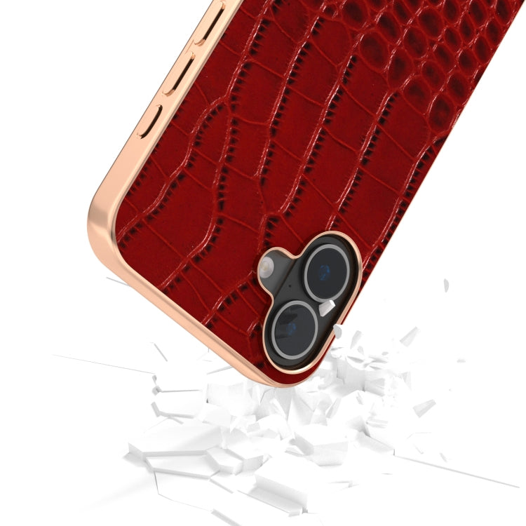 For iPhone 16 ABEEL Electroplated Frame Genuine Leather Crocodile Pattern Phone Case(Red) - iPhone 16 Cases by buy2fix | Online Shopping UK | buy2fix