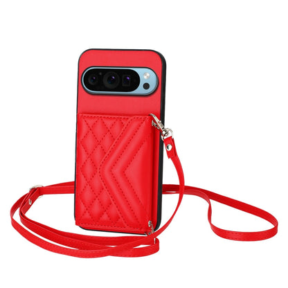 For Google Pixel 9 Pro XL Rhombic Texture Card Bag RFID Phone Case with Long Lanyard(Red) - Google Cases by buy2fix | Online Shopping UK | buy2fix