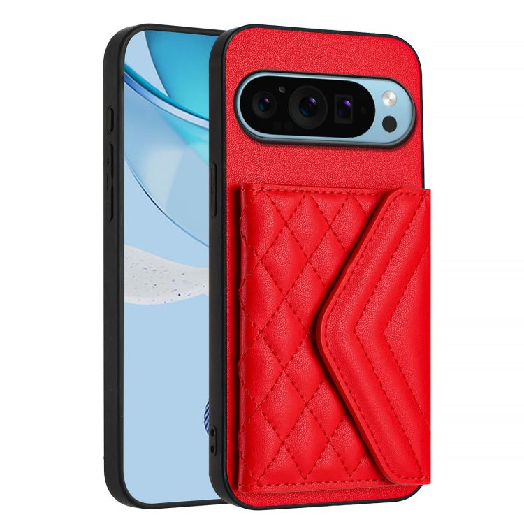 For Google Pixel 9 Pro XL Rhombic Texture Card Bag RFID Phone Case with Long Lanyard(Red) - Google Cases by buy2fix | Online Shopping UK | buy2fix