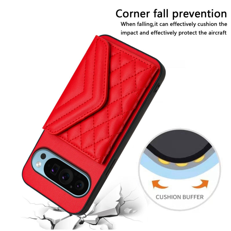 For Google Pixel 9 Pro XL Rhombic Texture Card Bag RFID Phone Case with Long Lanyard(Red) - Google Cases by buy2fix | Online Shopping UK | buy2fix