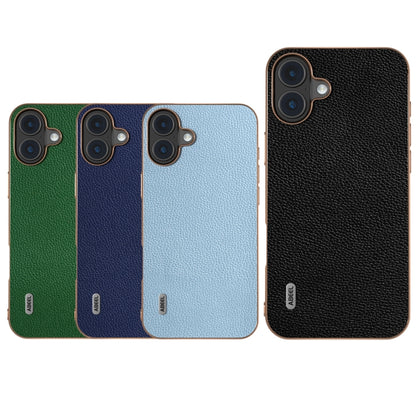 For iPhone 16 ABEEL Genuine Leather Mino Series Nano Plating Phone Case(Blue) - iPhone 16 Cases by buy2fix | Online Shopping UK | buy2fix