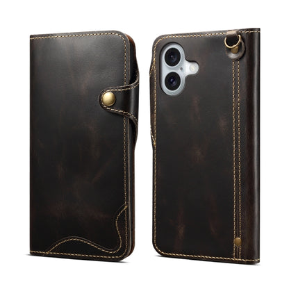 For iPhone 16 Denior B01 Oil Wax Cowhide Magnetic Button Genuine Leather Case(Black) - iPhone 16 Cases by Denior | Online Shopping UK | buy2fix