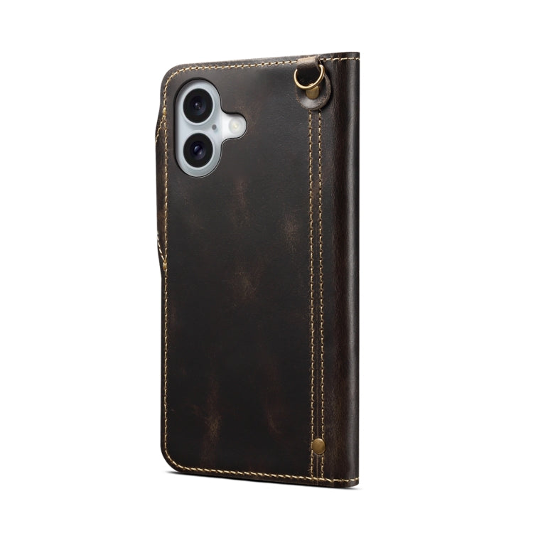 For iPhone 16 Denior B01 Oil Wax Cowhide Magnetic Button Genuine Leather Case(Black) - iPhone 16 Cases by Denior | Online Shopping UK | buy2fix