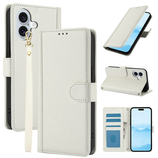 For iPhone 16 Plus Skin Feel Pure Color Card Slots Leather Phone Case with Dual Lanyard(White) - iPhone 16 Plus Cases by buy2fix | Online Shopping UK | buy2fix