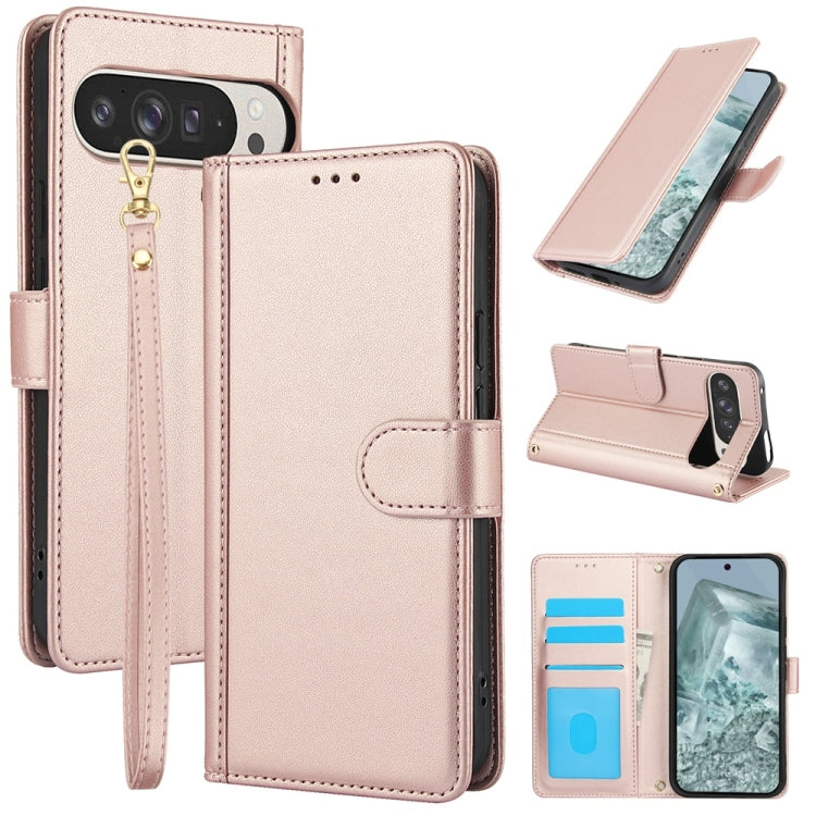 For Google Pixel 9 / 9 Pro Skin Feel Pure Color Card Slots Leather Phone Case with Dual Lanyard(Rose Gold) - Google Cases by buy2fix | Online Shopping UK | buy2fix