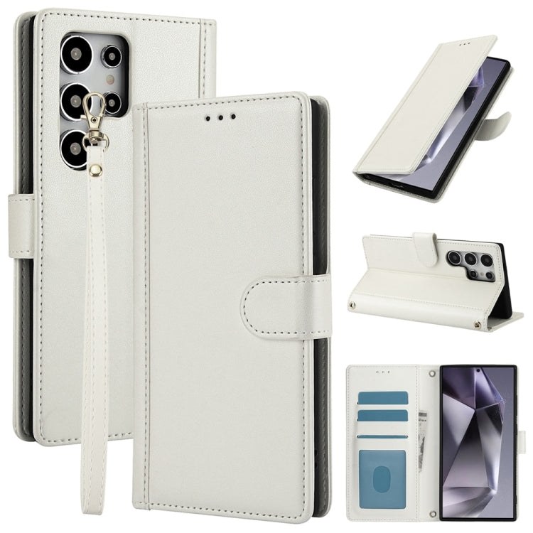 For Samsung Galaxy S25 Ultra 5G Skin Feel Pure Color Card Slots Leather Phone Case with Dual Lanyard(White) - Galaxy S25 Ultra 5G Cases by buy2fix | Online Shopping UK | buy2fix