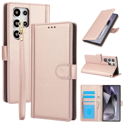 For Samsung Galaxy S25 Ultra 5G Skin Feel Pure Color Card Slots Leather Phone Case with Dual Lanyard(Rose Gold) - Galaxy S25 Ultra 5G Cases by buy2fix | Online Shopping UK | buy2fix