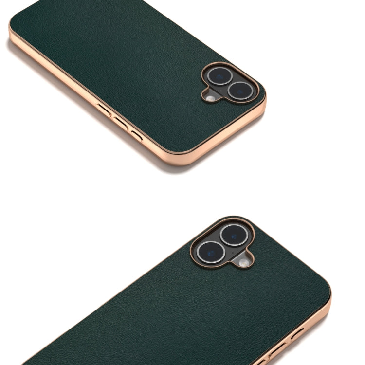 For iPhone 16 PU Leather Electroplating Frame Full Coverage Phone Case(Green) - iPhone 16 Cases by buy2fix | Online Shopping UK | buy2fix