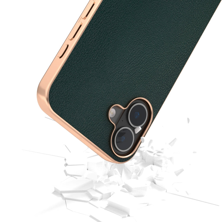 For iPhone 16 PU Leather Electroplating Frame Full Coverage Phone Case(Green) - iPhone 16 Cases by buy2fix | Online Shopping UK | buy2fix