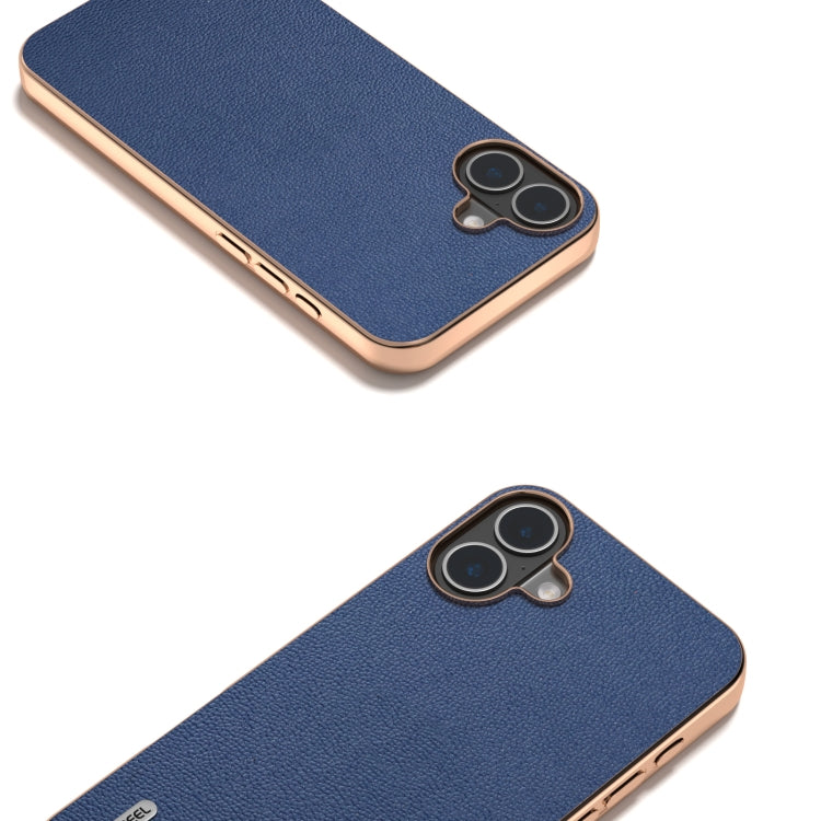 For iPhone 16 Plus ABEEL Electroplating Frame Genuine Leather Luolai Series Phone Case(Dark Blue) - iPhone 16 Plus Cases by buy2fix | Online Shopping UK | buy2fix