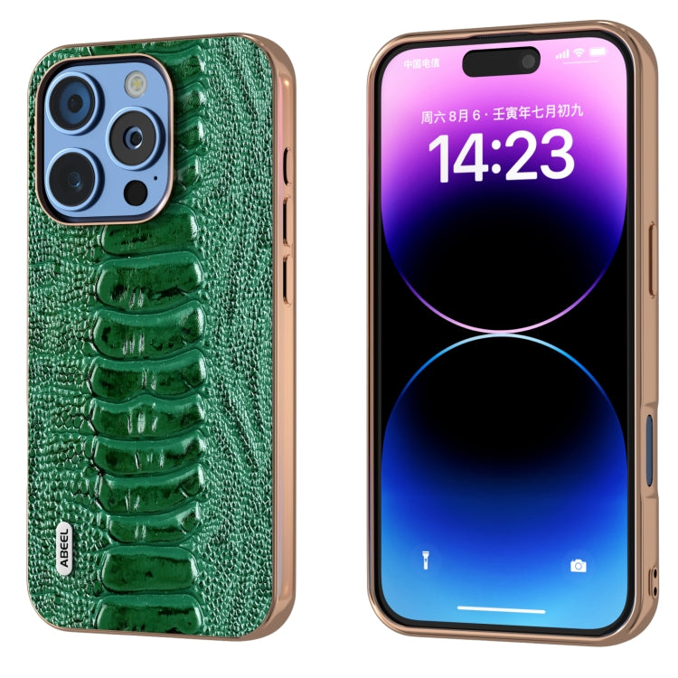 For iPhone 16 Pro Max ABEEL Electroplating Frame Genuine Leather Weilai Series Phone Case(Green) - iPhone 16 Pro Max Cases by buy2fix | Online Shopping UK | buy2fix