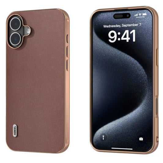 For iPhone 16 ABEEL Electroplating Frame Genuine Leather Xiaoya Series Phone Case(Coffee) - iPhone 16 Cases by buy2fix | Online Shopping UK | buy2fix