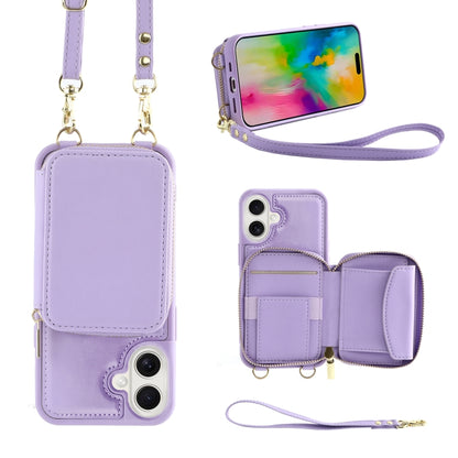 For iPhone 16 Crossbody Zipper Wallet Bag Leather Phone Case with Lanyard(Purple) - iPhone 16 Cases by buy2fix | Online Shopping UK | buy2fix