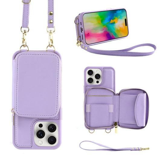 For iPhone 16 Pro Crossbody Zipper Wallet Bag Leather Phone Case with Lanyard(Purple) - iPhone 16 Pro Cases by buy2fix | Online Shopping UK | buy2fix