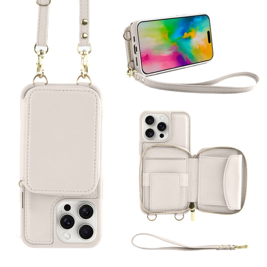 For iPhone 16 Pro Max Crossbody Zipper Wallet Bag Leather Phone Case with Lanyard(White) - iPhone 16 Pro Max Cases by buy2fix | Online Shopping UK | buy2fix