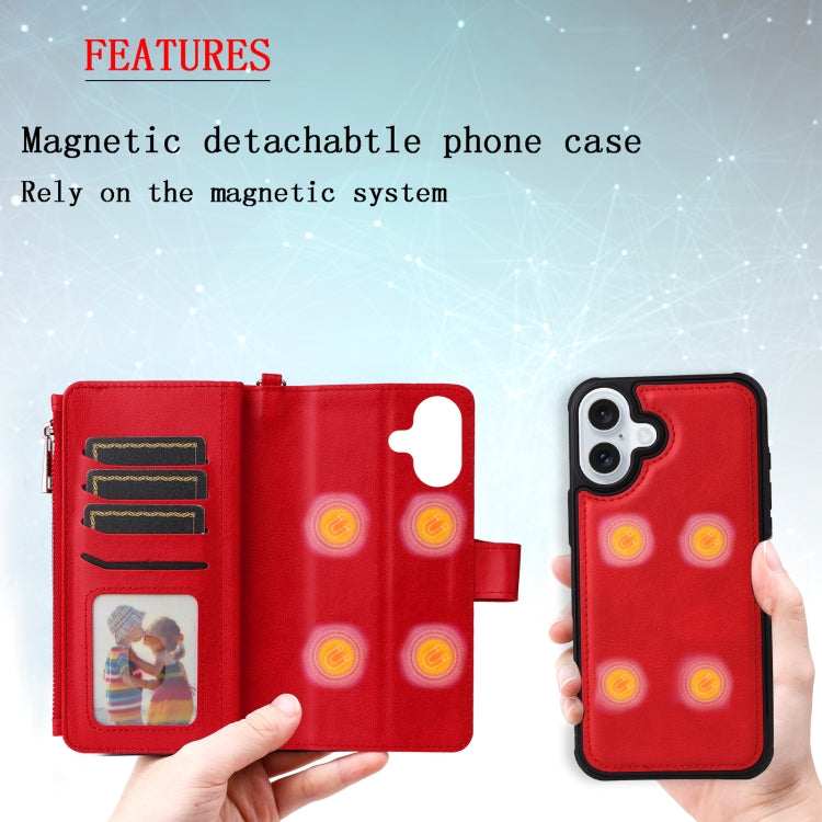 For iPhone 16 Plus Solid Color 2 in 1 Zipper Shockproof Phone Case(Red) - iPhone 16 Plus Cases by buy2fix | Online Shopping UK | buy2fix