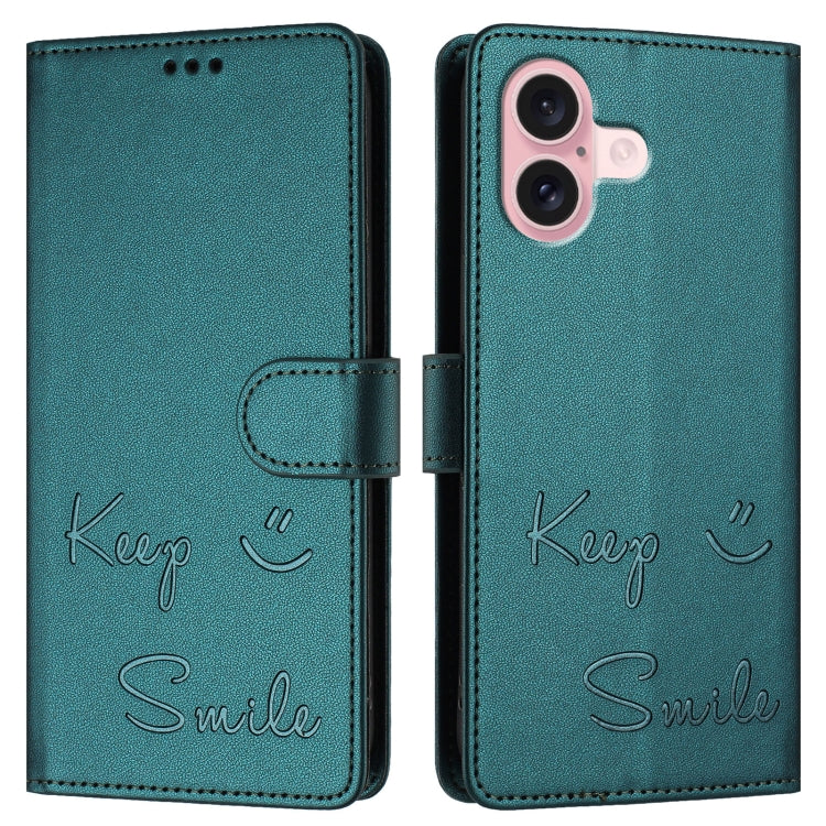 For iPhone 16 Smile Embossing RFID Leather Phone Case(Peacock Green) - iPhone 16 Cases by buy2fix | Online Shopping UK | buy2fix