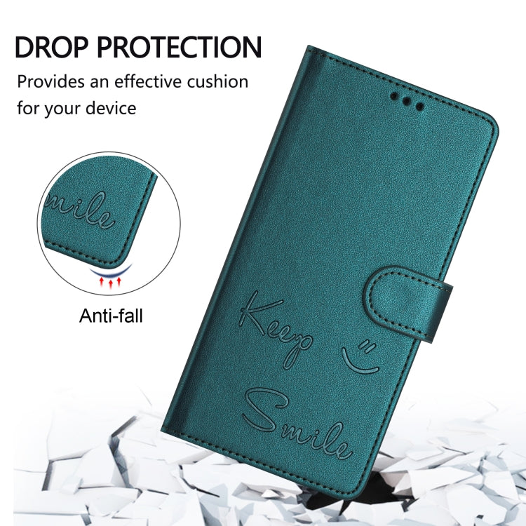 For iPhone 16 Smile Embossing RFID Leather Phone Case(Peacock Green) - iPhone 16 Cases by buy2fix | Online Shopping UK | buy2fix