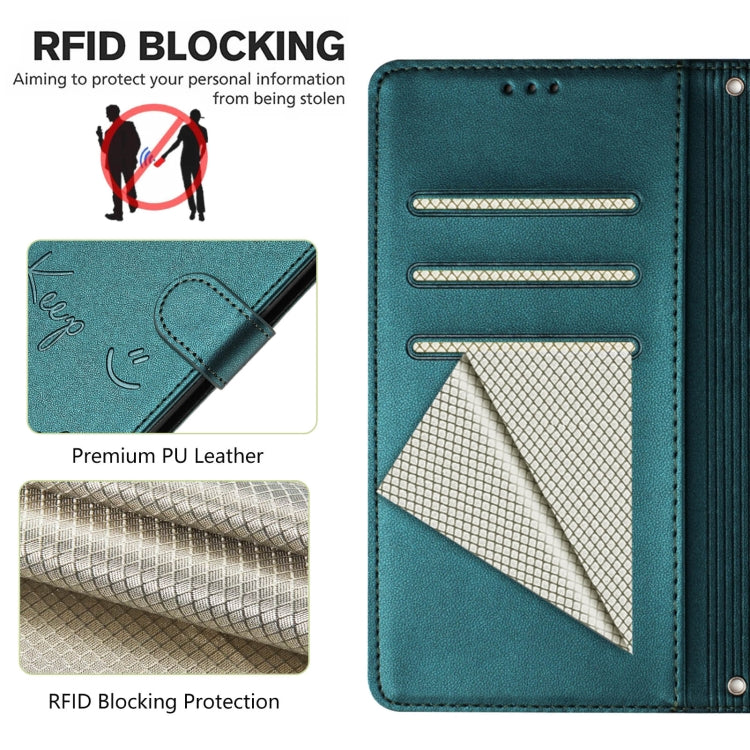 For Samsung Galaxy S25 5G Smile Embossing RFID Leather Phone Case(Peacock Green) - Galaxy S25 5G Cases by buy2fix | Online Shopping UK | buy2fix