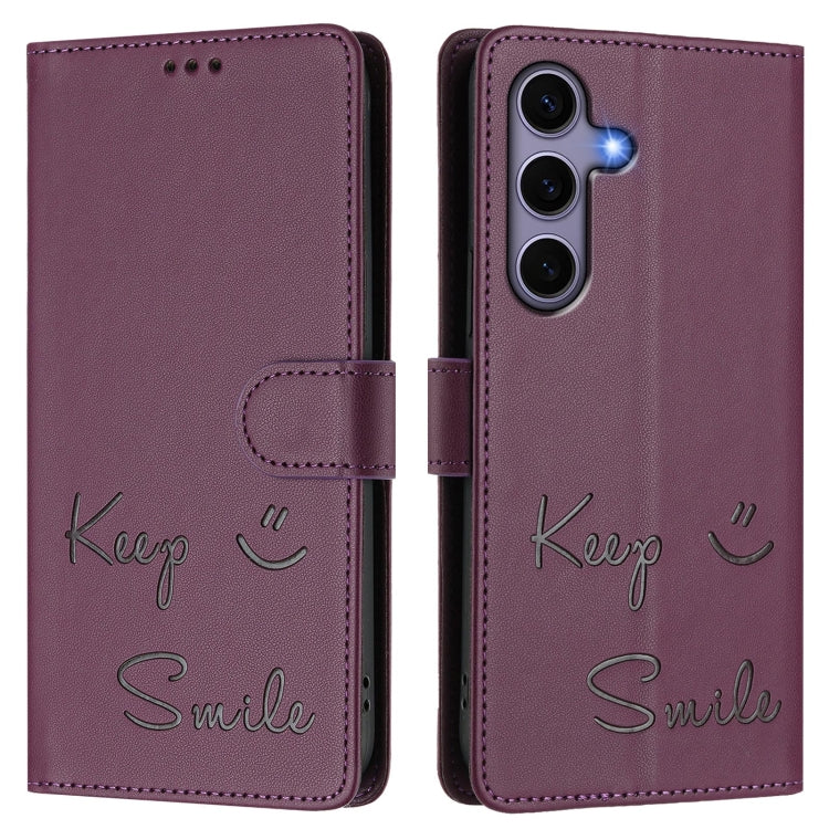 For Samsung Galaxy S25 5G Smile Embossing RFID Leather Phone Case(Violet) - Galaxy S25 5G Cases by buy2fix | Online Shopping UK | buy2fix