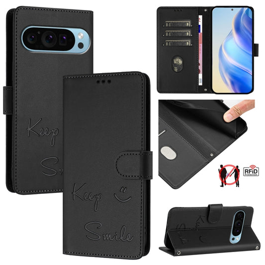 For Google Pixel 9 Pro XL Smile Embossing RFID Leather Phone Case(Black) - Google Cases by buy2fix | Online Shopping UK | buy2fix