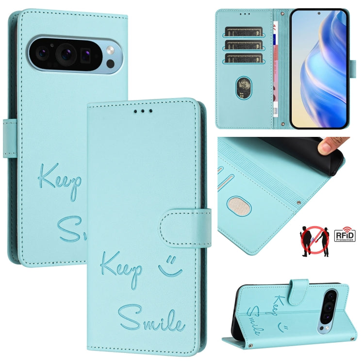 For Google Pixel 9 / Pixel 9 Pro Smile Embossing RFID Leather Phone Case(Mint Green) - Google Cases by buy2fix | Online Shopping UK | buy2fix