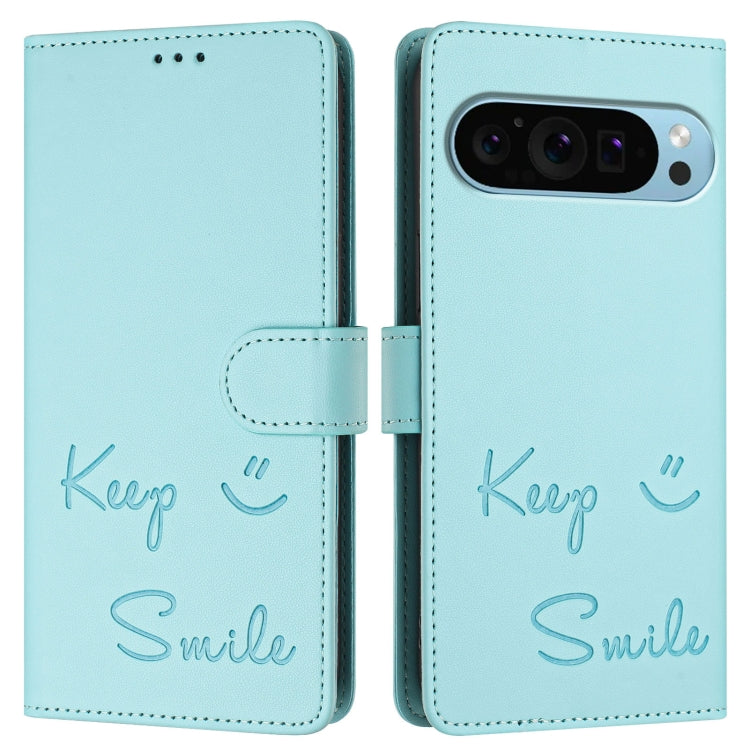 For Google Pixel 9 / Pixel 9 Pro Smile Embossing RFID Leather Phone Case(Mint Green) - Google Cases by buy2fix | Online Shopping UK | buy2fix