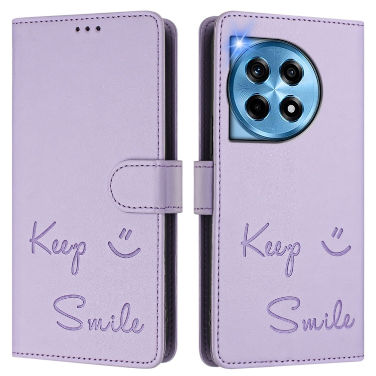 For OnePlus 12 5G Global Smile Embossing RFID Leather Phone Case(Light Purple) - OnePlus Cases by buy2fix | Online Shopping UK | buy2fix