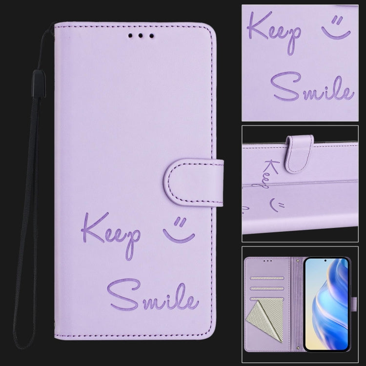 For OnePlus 11 Smile Embossing RFID Leather Phone Case(Light Purple) - OnePlus Cases by buy2fix | Online Shopping UK | buy2fix