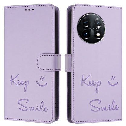 For OnePlus 11 Smile Embossing RFID Leather Phone Case(Light Purple) - OnePlus Cases by buy2fix | Online Shopping UK | buy2fix