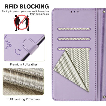 For OnePlus 11 Smile Embossing RFID Leather Phone Case(Light Purple) - OnePlus Cases by buy2fix | Online Shopping UK | buy2fix